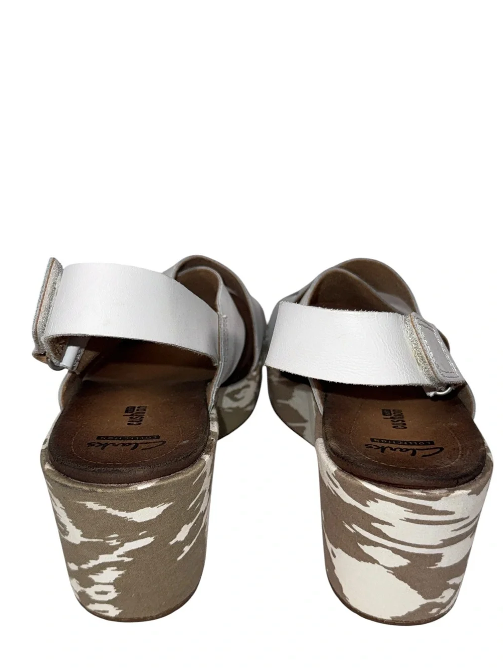 Clarks White Leather Crisscross Wedge Sandals